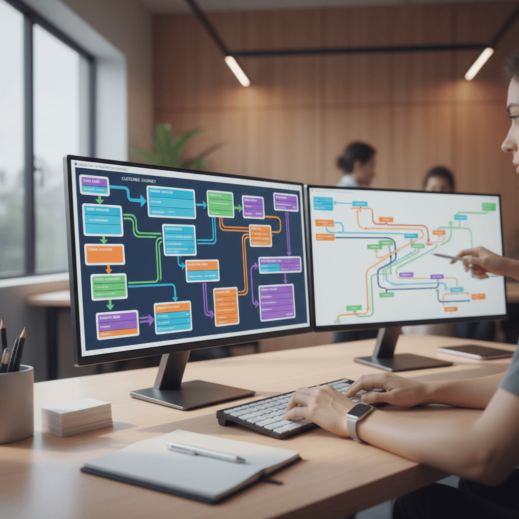 Business owner reviewing automation workflow on computer